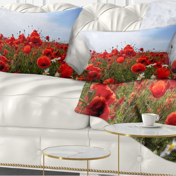 Designart Red Poppies under Bright Blue Sky - Flower Throw Pillow - 12x20