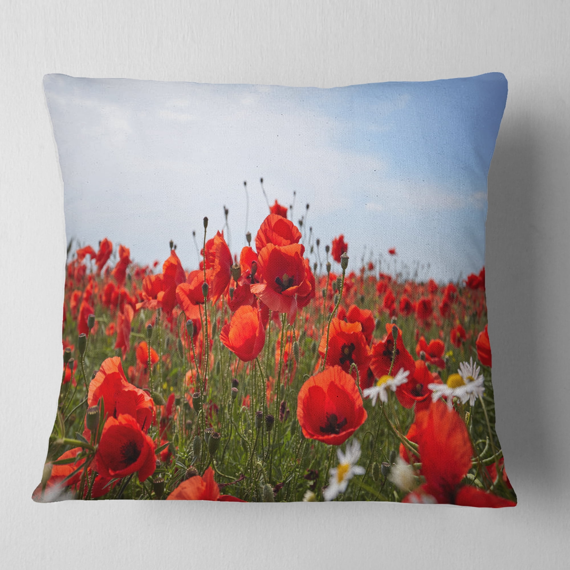 Designart Red Poppies under Bright Blue Sky - Flower Throw Pillow - 18x18