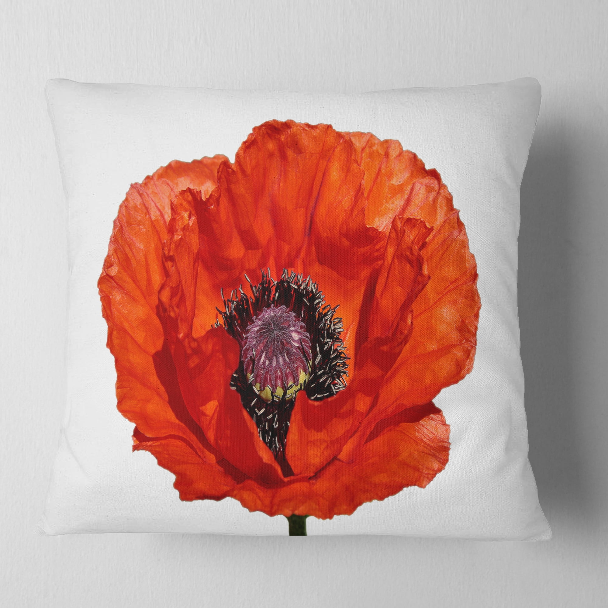 Designart Red Poppy Blossom Close Up - Floral Throw Pillow - 18x18