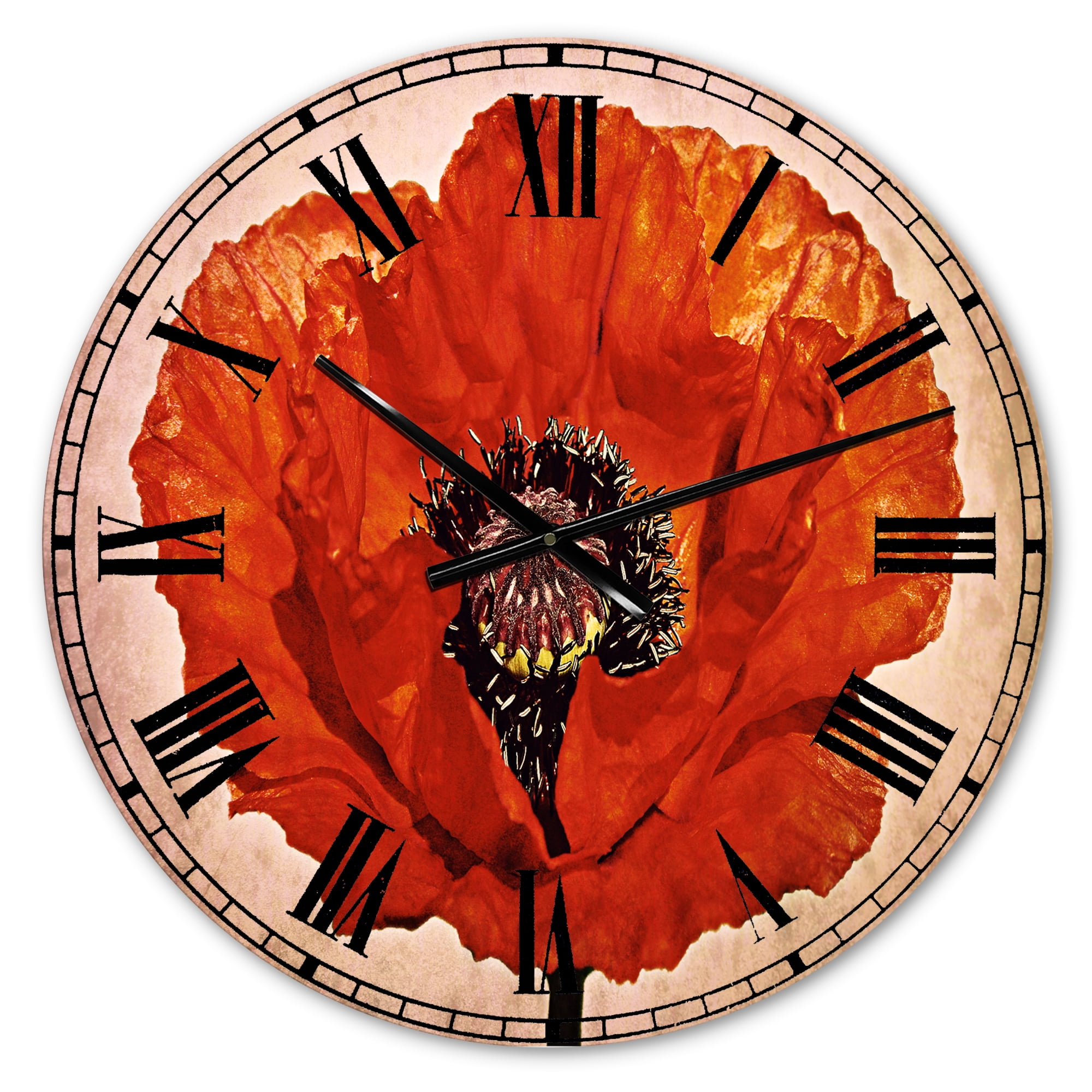 Designart 'Red Poppy Blossom Close Up' Traditional wall clock