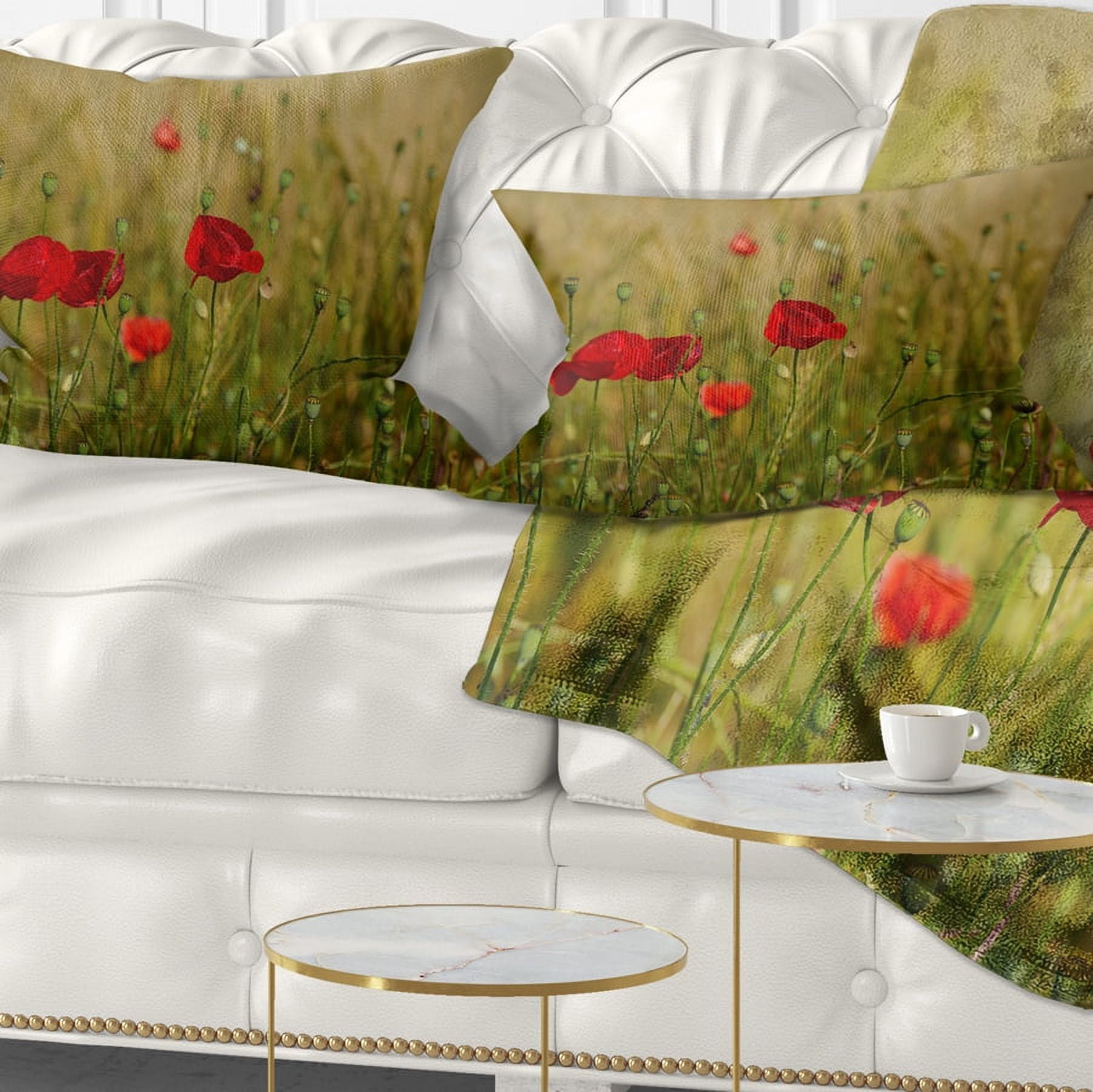 Designart Red Poppy Flower Field Background - Flower Throw Pillow - 12x20