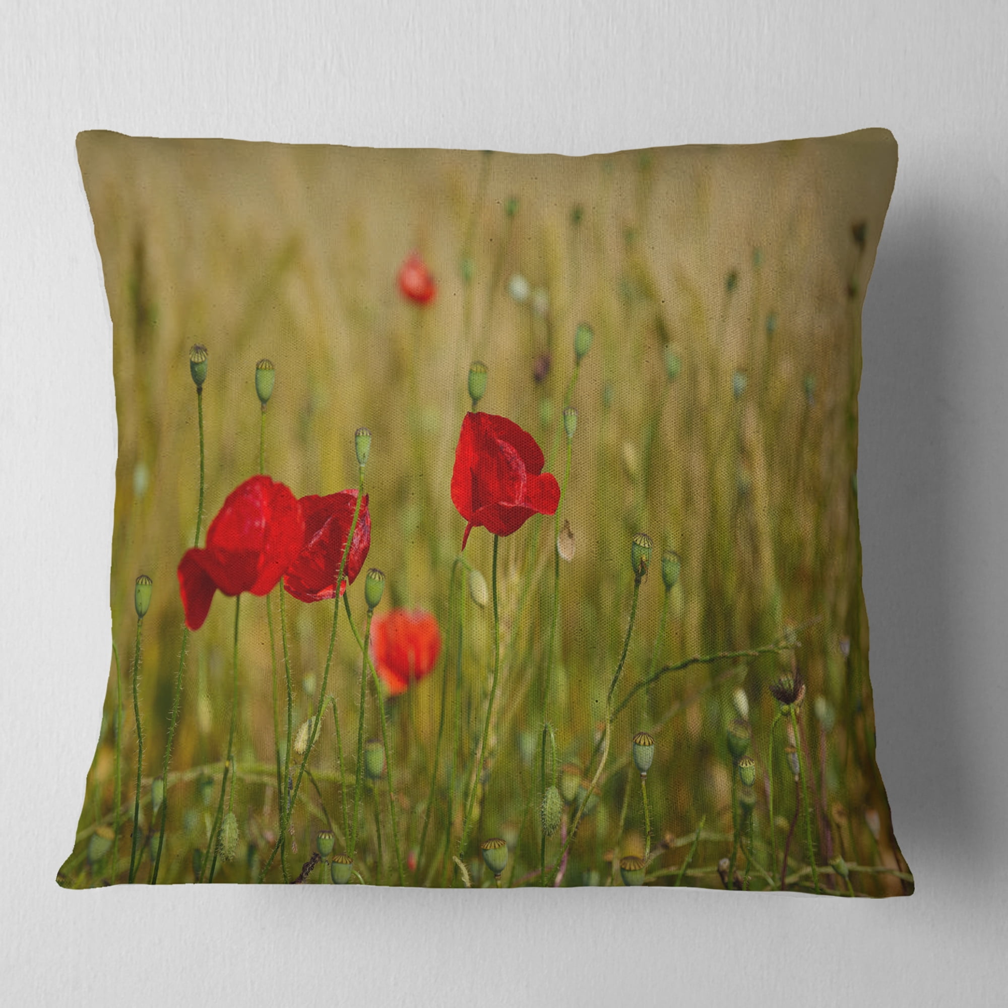 Designart Red Poppy Flower Field Background - Flower Throw Pillow - 16x16