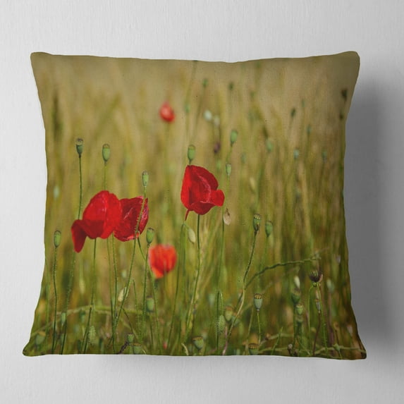 Designart Red Poppy Flower Field Background - Flower Throw Pillow - 18x18