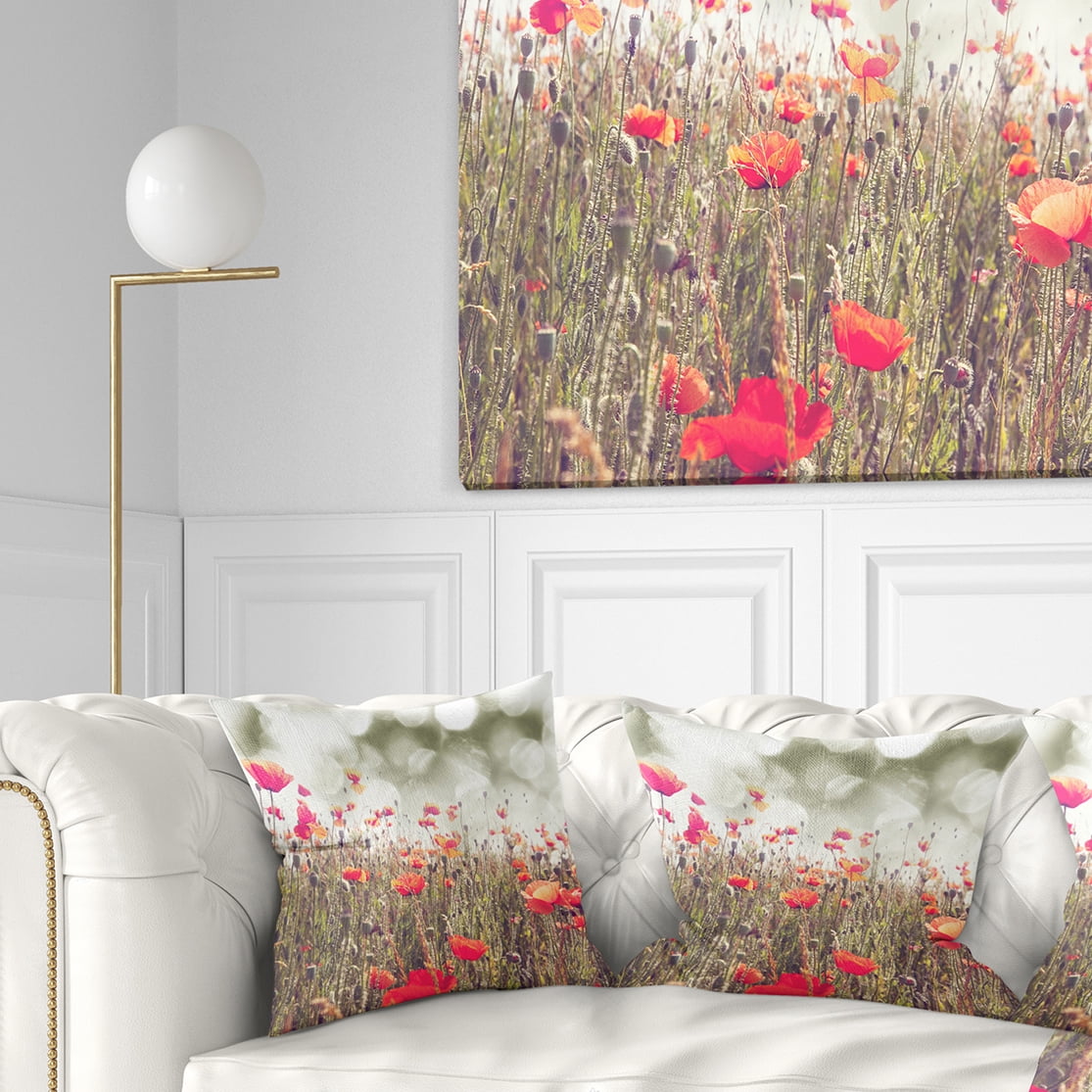 Designart Red Poppy Flowers Meadow - Floral Throw Pillow - 16x16