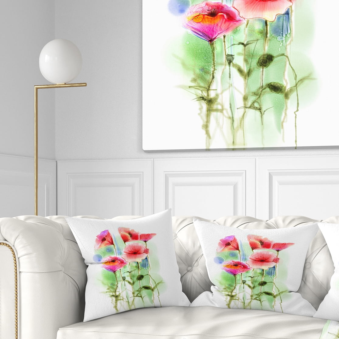 Designart Red Poppy Flowers Watercolor Sketch - Floral Throw Pillow - 16x16