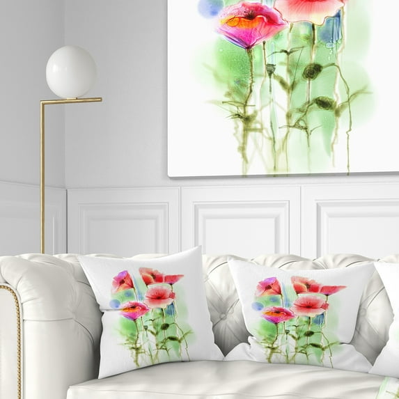 Designart Red Poppy Flowers Watercolor Sketch - Floral Throw Pillow - 18x18