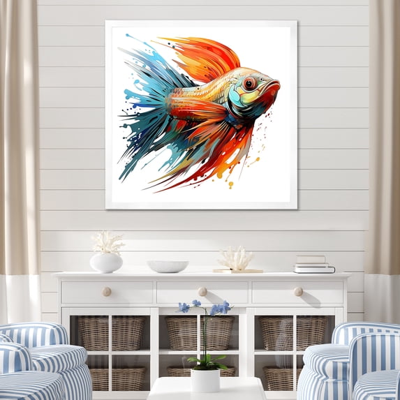 Designart "Red Realm of Art Deco Fish" Beach Framed Wall Art Decor - Coastal Orange Beach People Living Room Framed Canvas Art