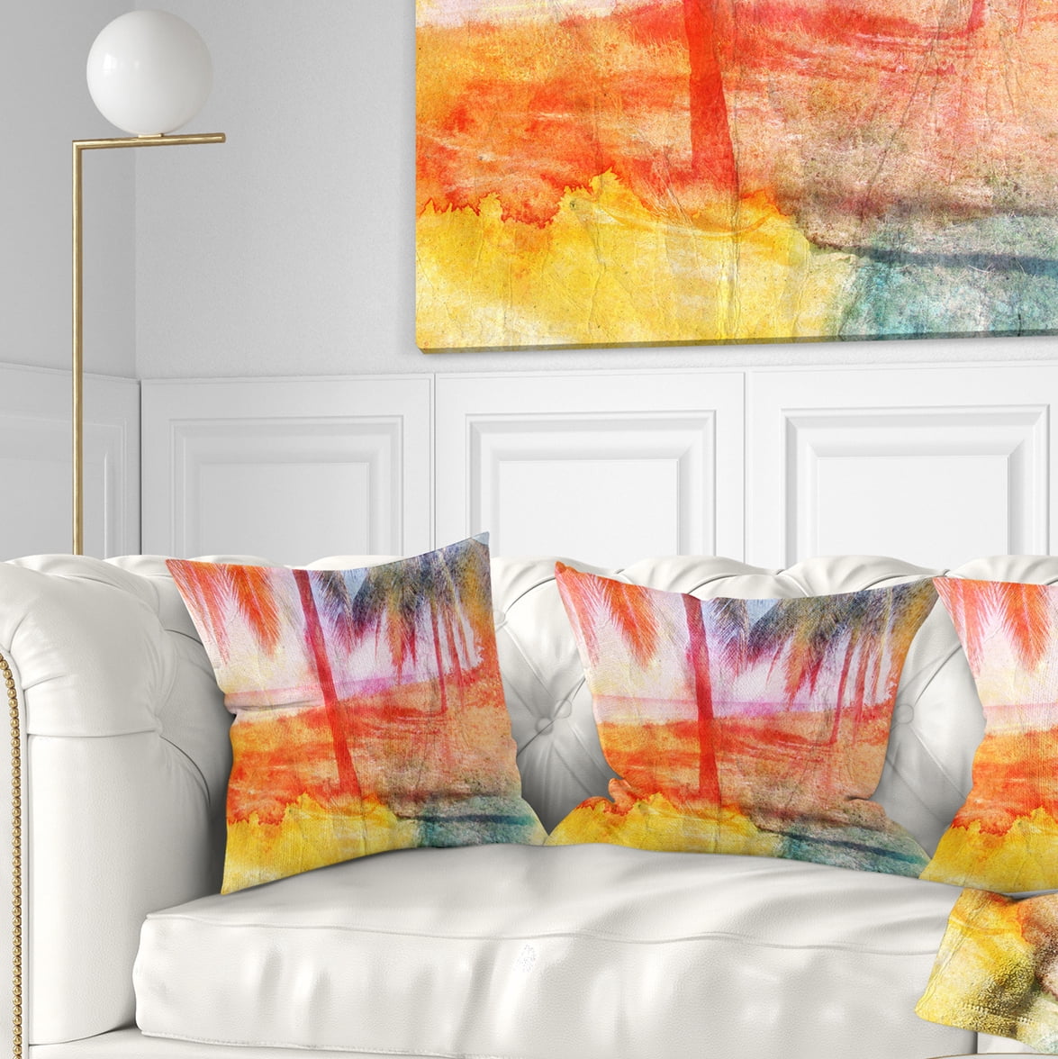 Designart Red Retro Palm Trees - Landscape Painting Throw Pillow - 16x16