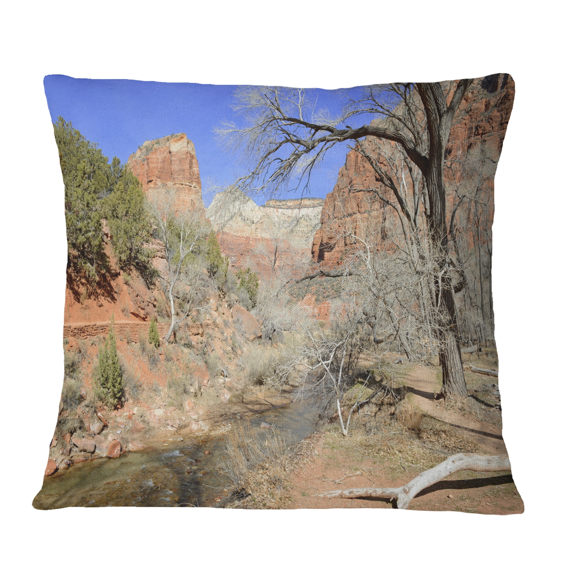 Designart Red Rock Mountain in Zion Park - Landscape Printed Throw Pillow - 16x16