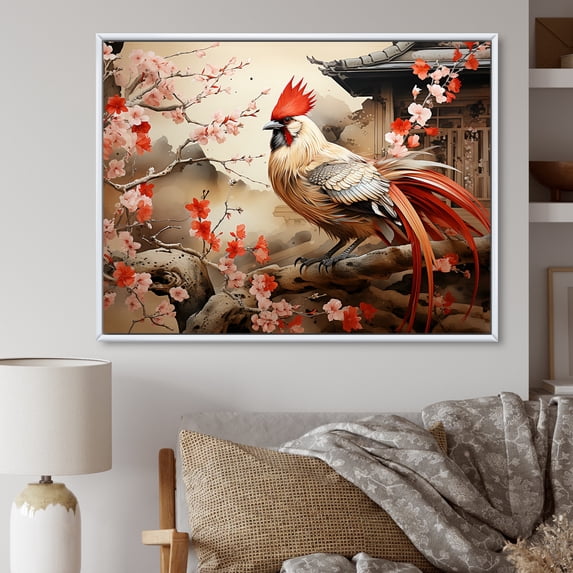 Designart "Red Rooster in Beige and Red from Japan" Animals Framed Wall Art - Modern Farmhouse Red Rooster Hallway Framed Wall Art Decor