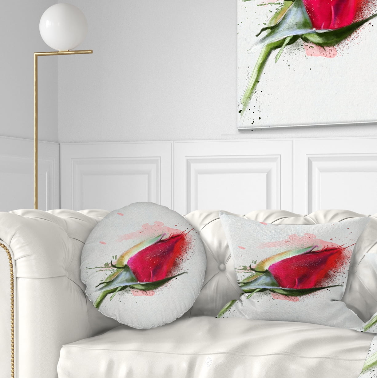 Designart Red Rose Bud Watercolor Sketch - Flowers Throw Pillowwork - 12x20