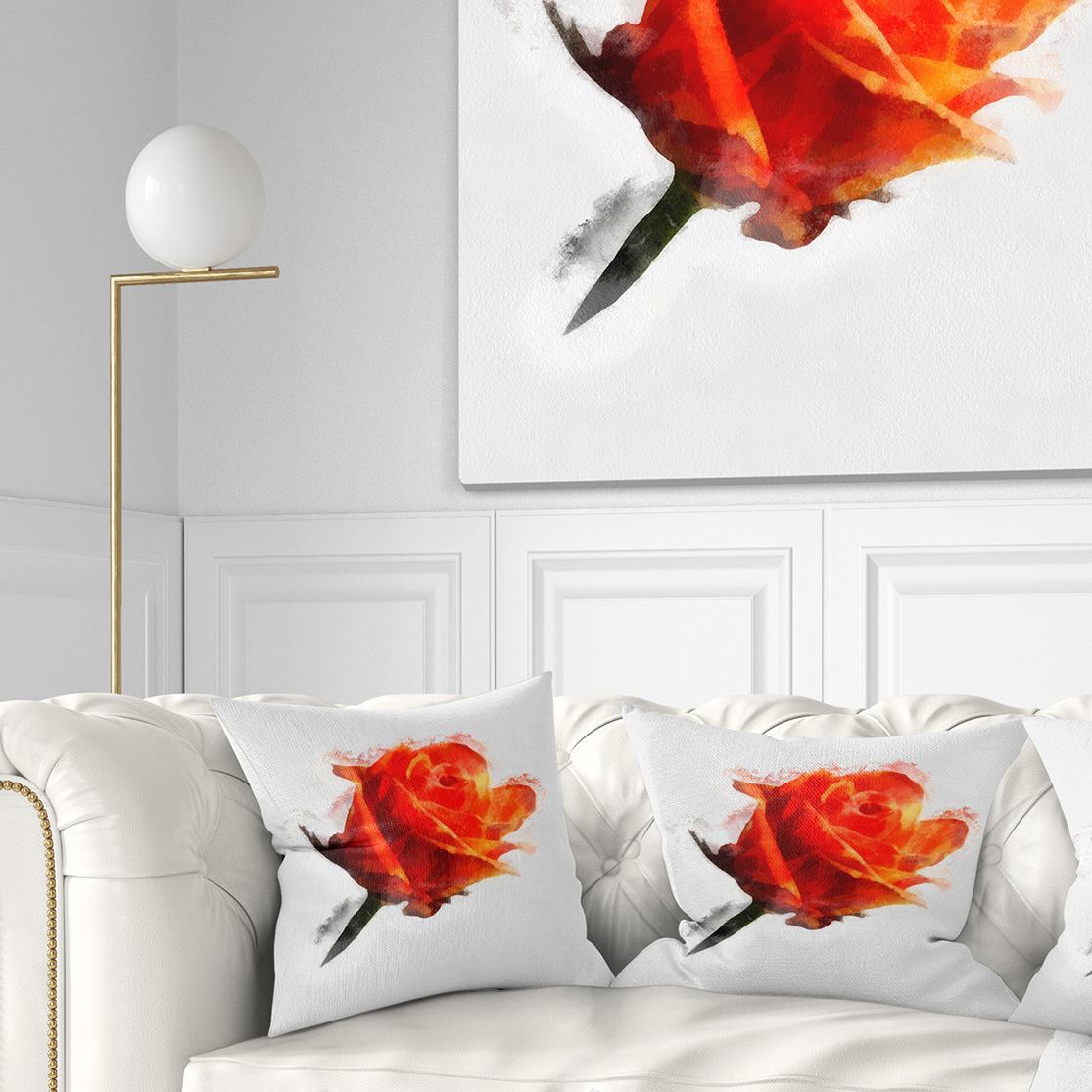 Designart Red Rose Drawing with Watercolor - Floral Throw Pillow - 18x18