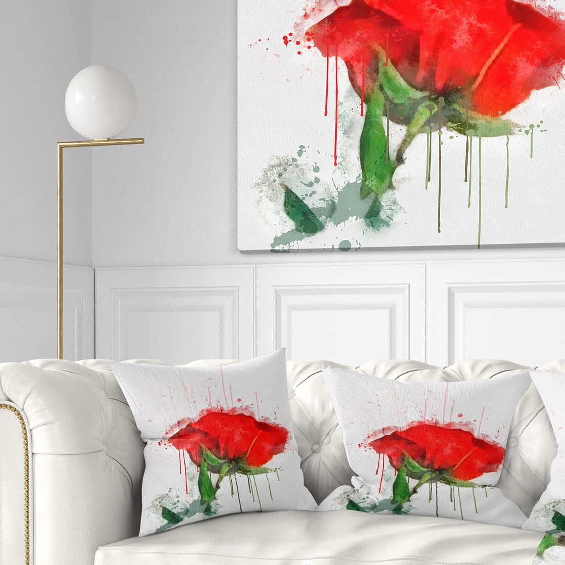 Designart Red Rose Hand drawn Painting - Floral Throw Pillow - 16x16