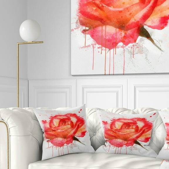 Designart Red Rose Hand drawn with Splashes - Floral Throw Pillow - 16x16