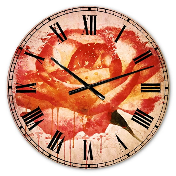Designart 'Red Rose Hand drawn with Splashes' Traditional wall clock