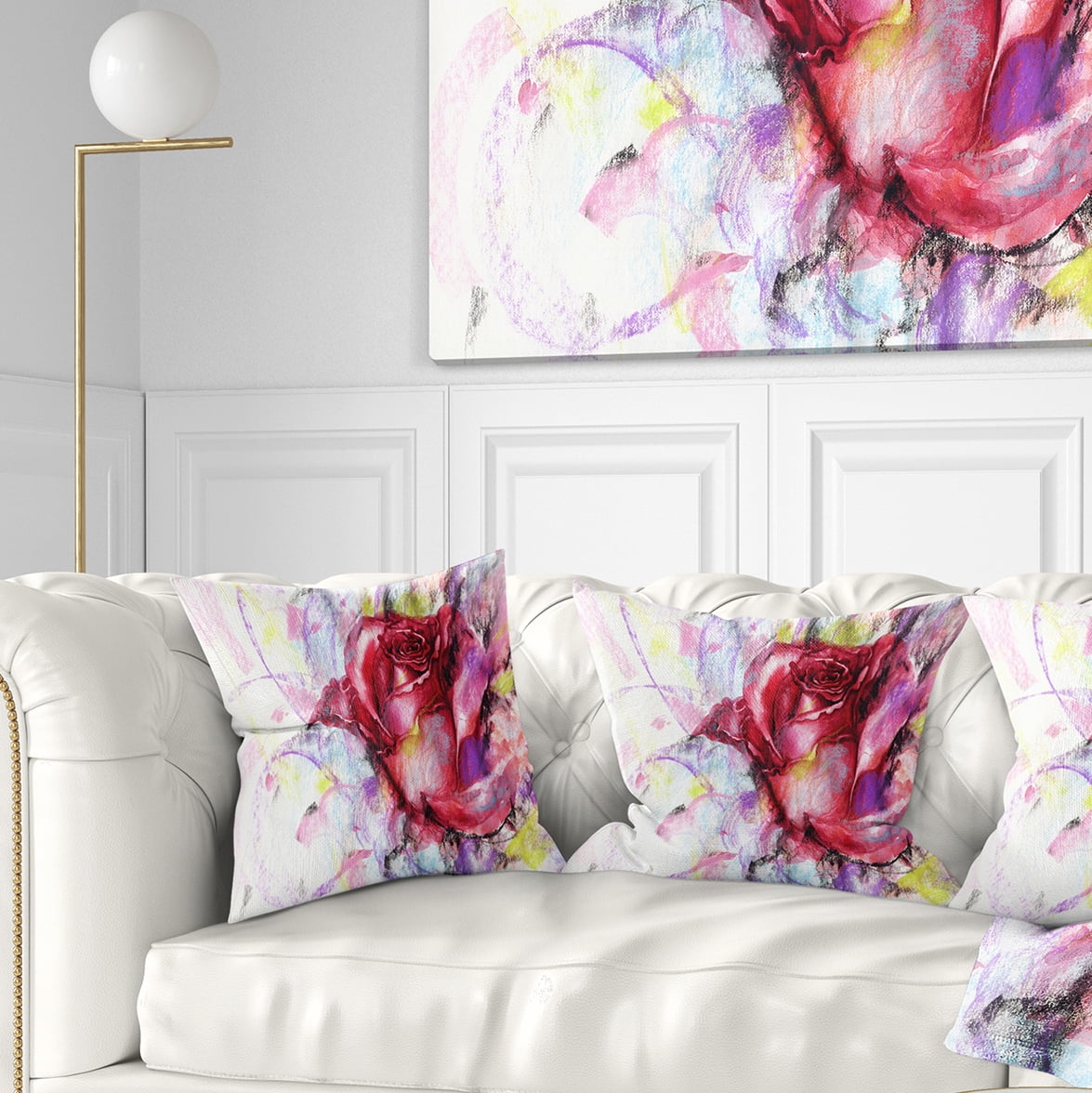 Designart Red Rose Illustration - Floral Throw Pillow - 18x18