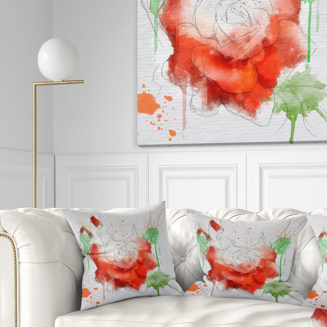 Designart Red Rose Illustration Watercolor - Floral Throw Pillow - 18x18