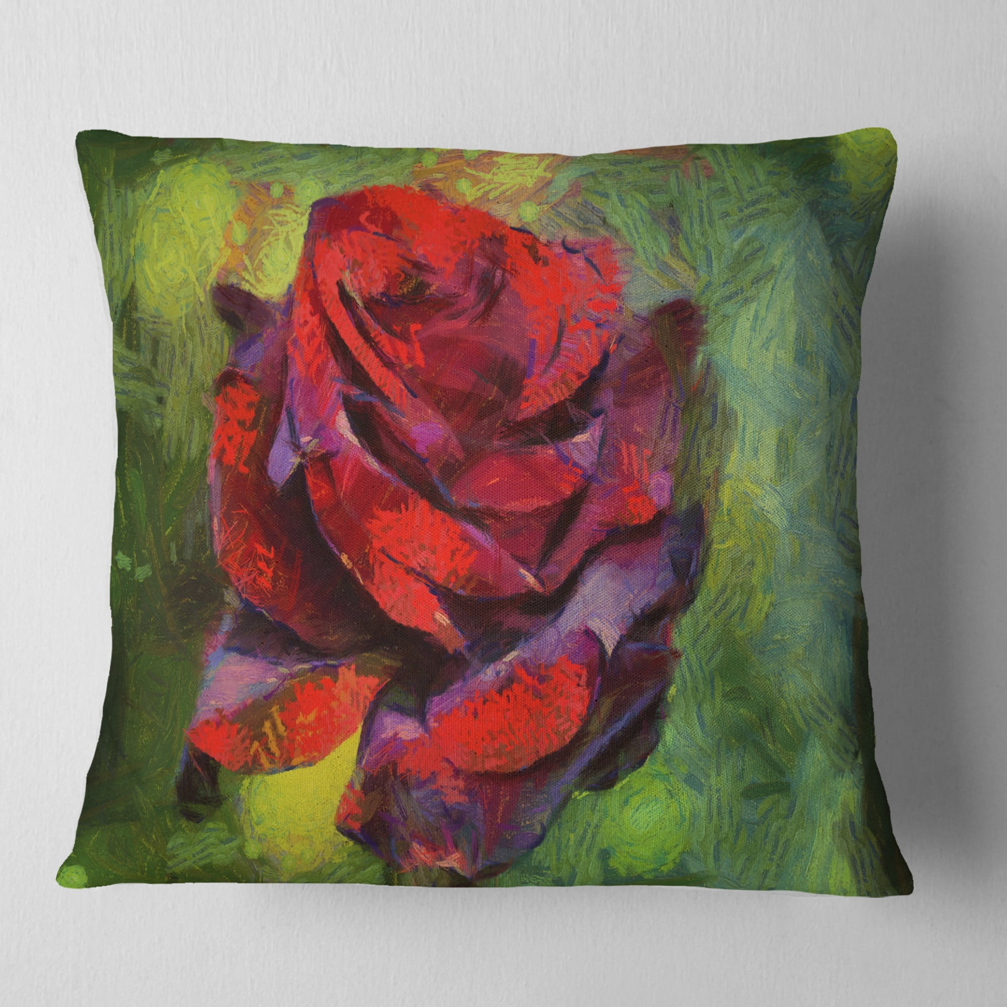 Designart Red Rose Illustration on Green - Floral Throw Pillow - 16x16