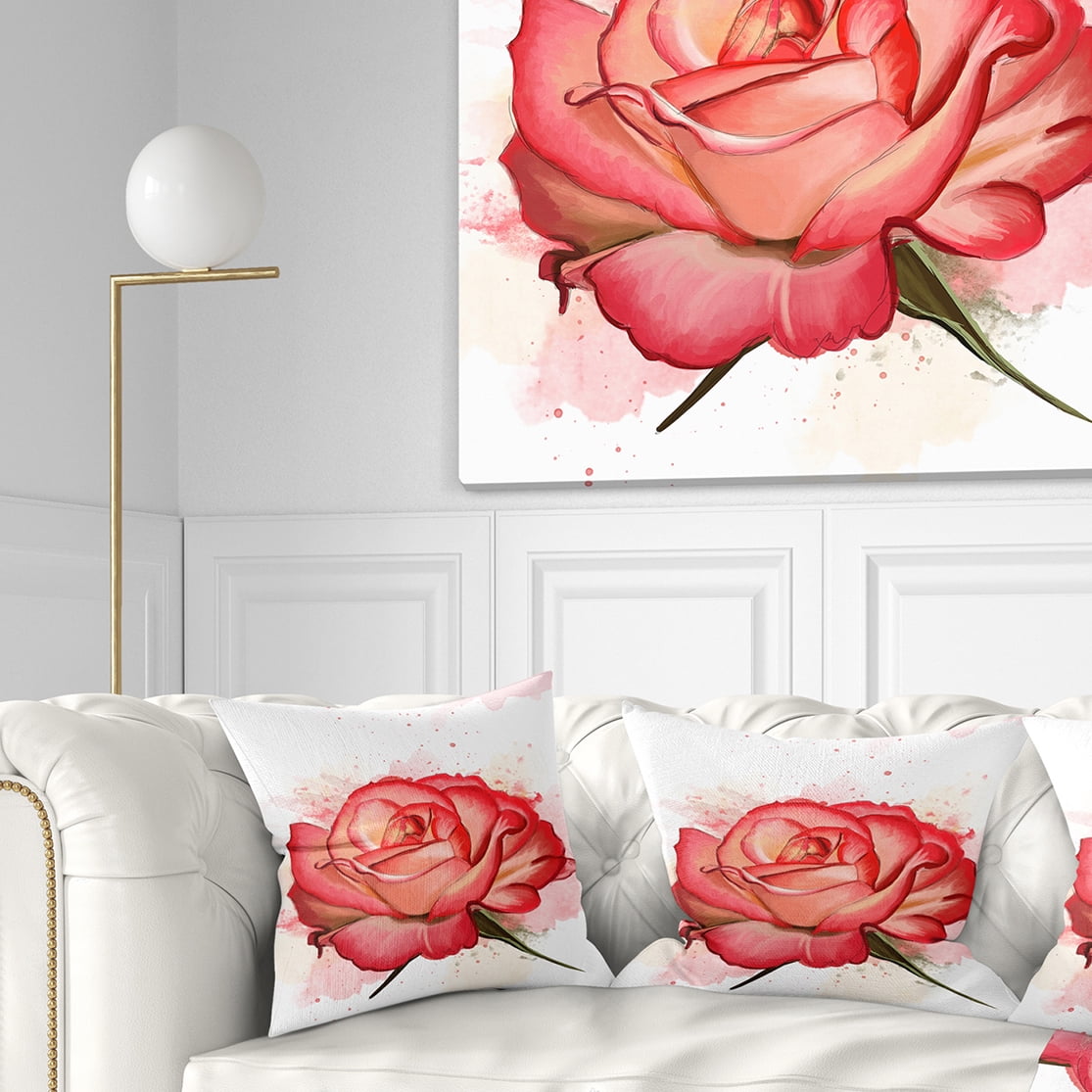 Designart Red Rose Illustration with Splashes - Floral Throw Pillow - 16x16