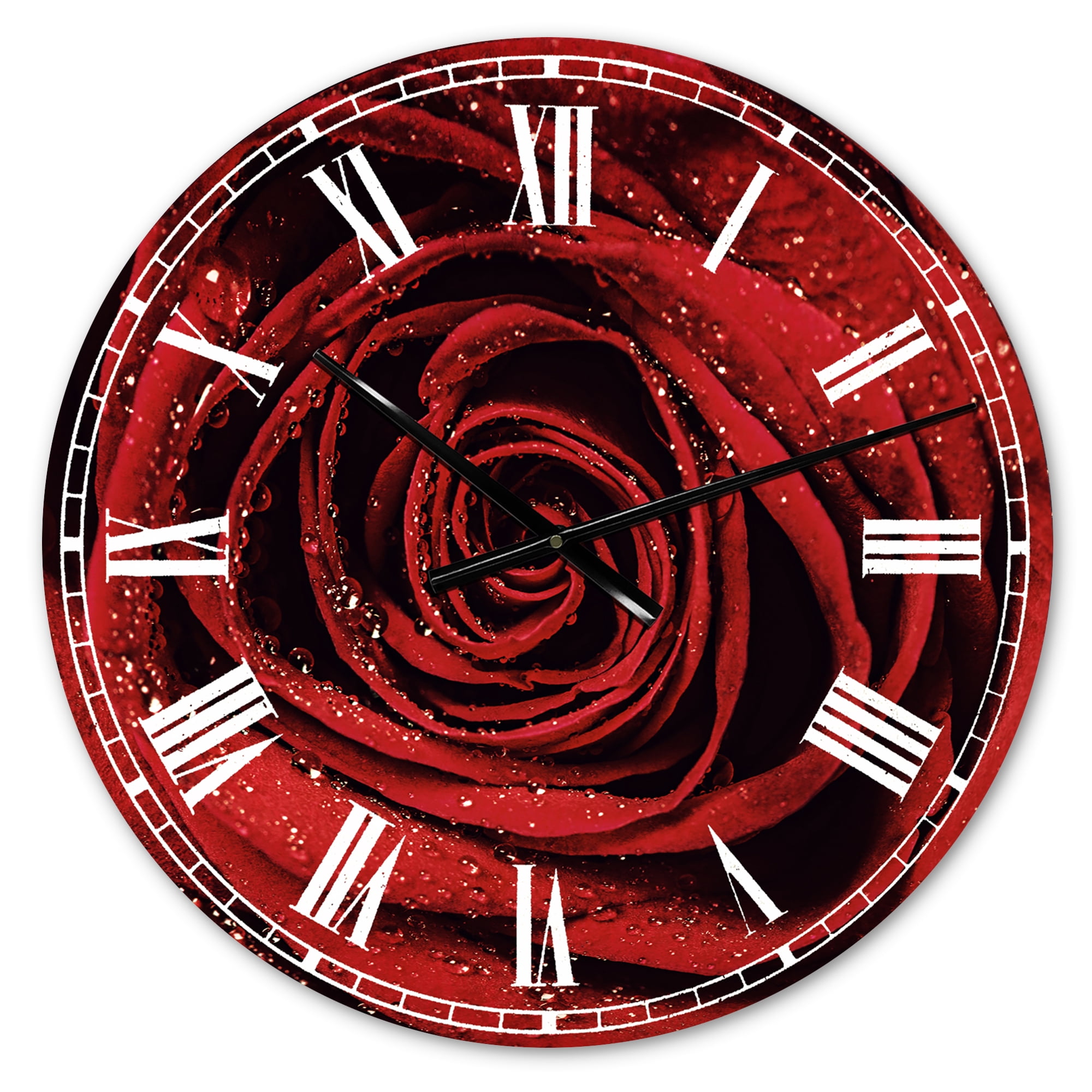 Designart 'Red Rose Petals with Rain Droplets' Metal Wall Clock