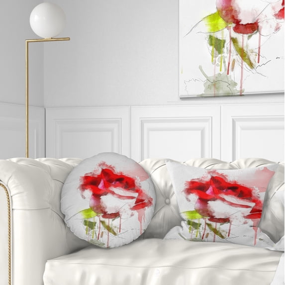 Designart Red Rose Sketch with Red Splashes - Floral Throw Pillow - 12x20