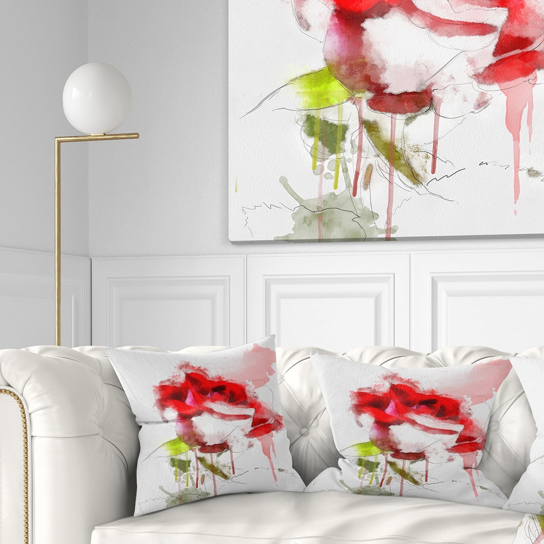 Designart Red Rose Sketch with Red Splashes - Floral Throw Pillow - 16x16