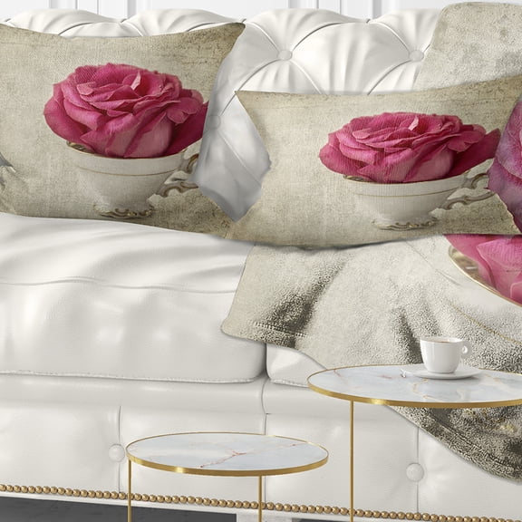 Designart Red Rose in Cup Photography - Floral Throw Pillow - 12x20