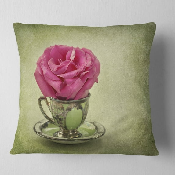 Designart Red Rose in Cup and Saucer - Floral Throw Pillow - 18x18