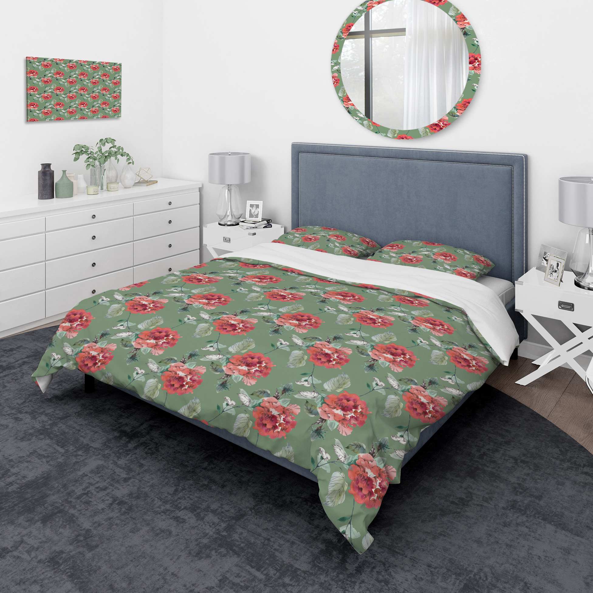 Designart 'Red Rose in Green Background' Traditional Duvet Cover Set