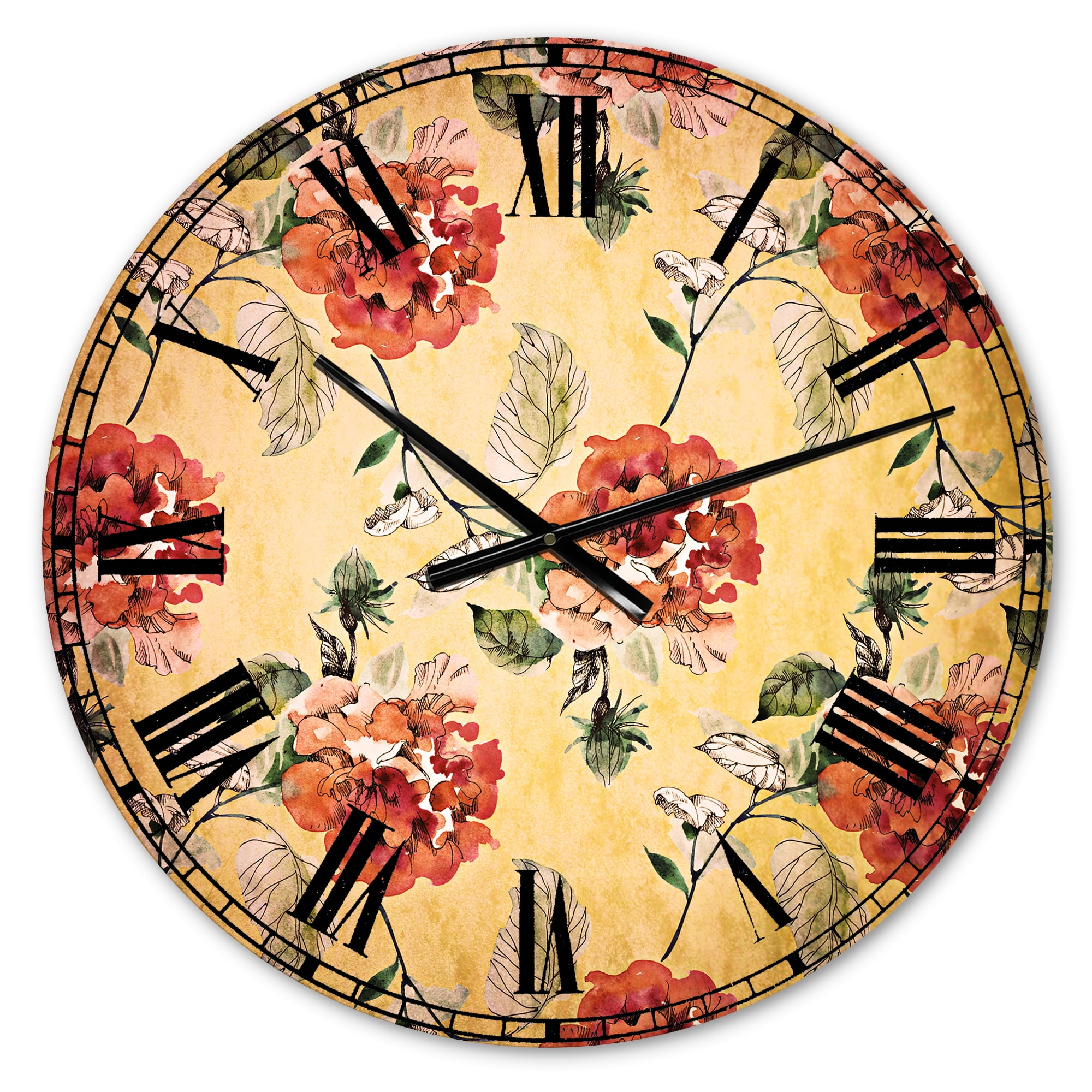 Designart 'Red Rose in Yellow background' Traditional wall clock