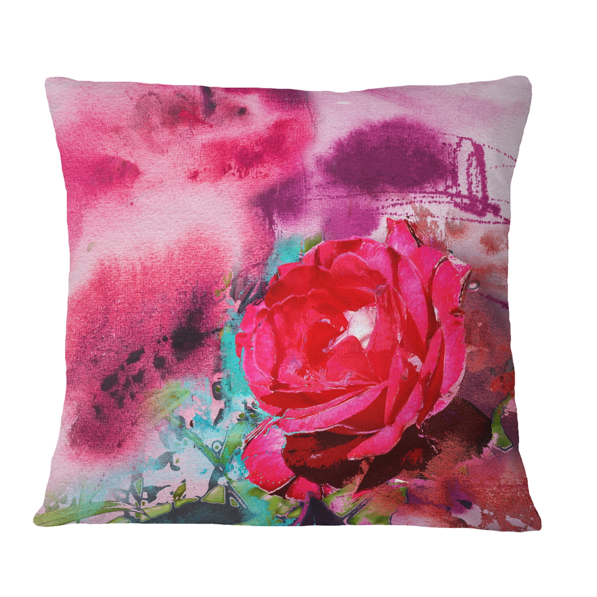 Designart Red Rose on Abstract Paper - Floral Throw Pillow - 18x18