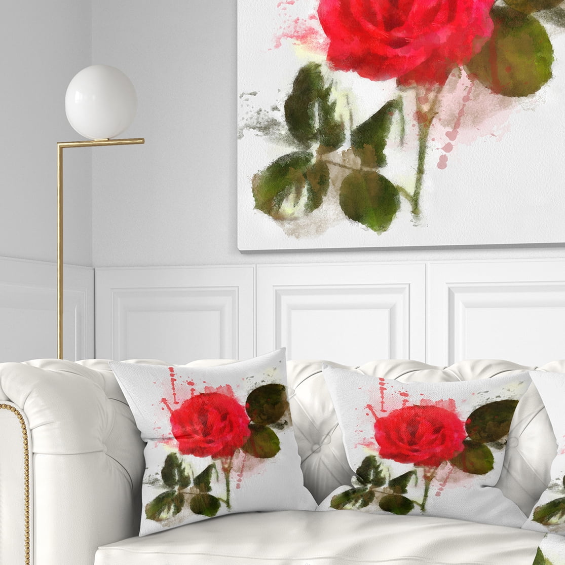 Designart Red Rose with Green Petals - Floral Throw Pillow - 16x16