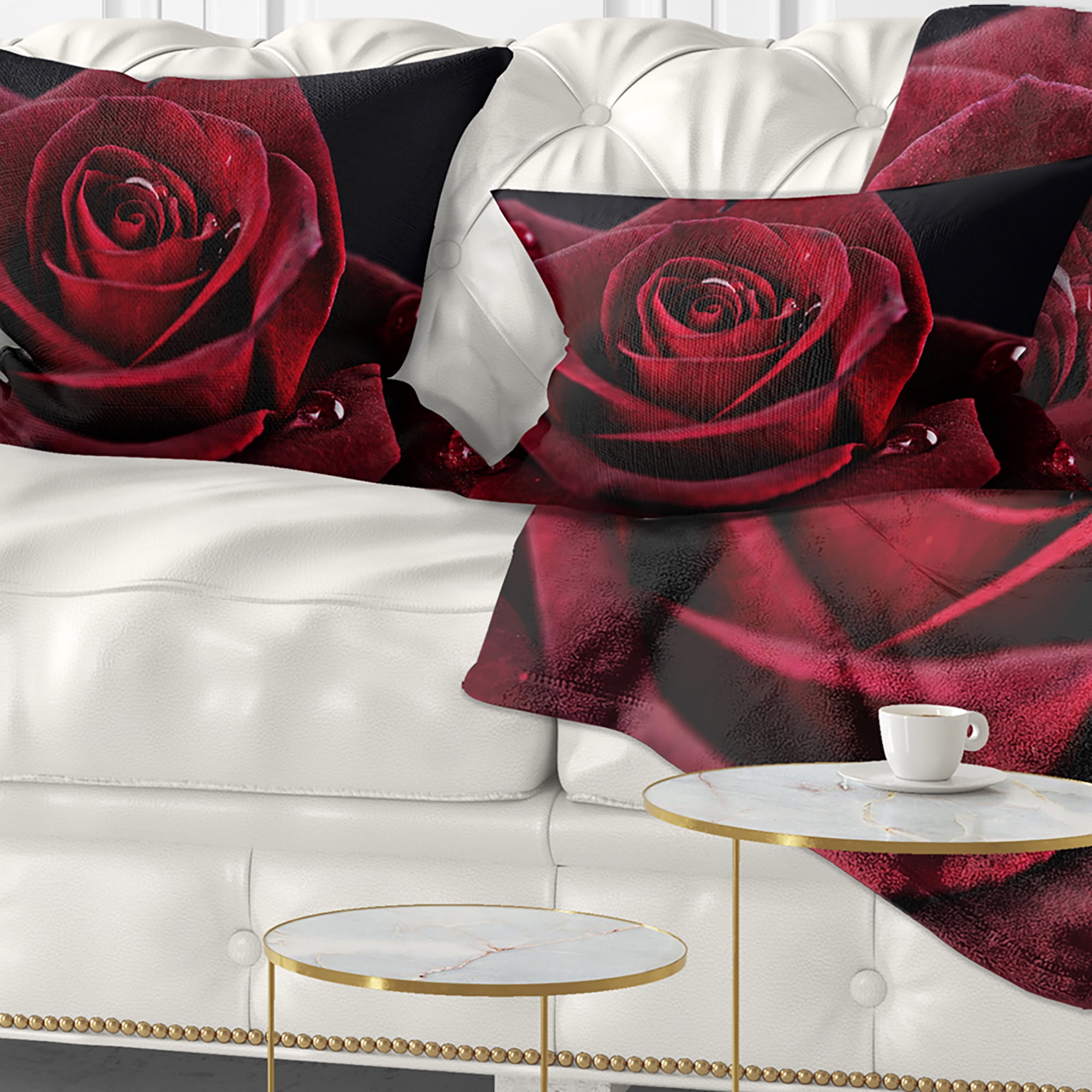 Designart Red Rose with Raindrops on Black - Flowers Throw Pillowwork - 12x20