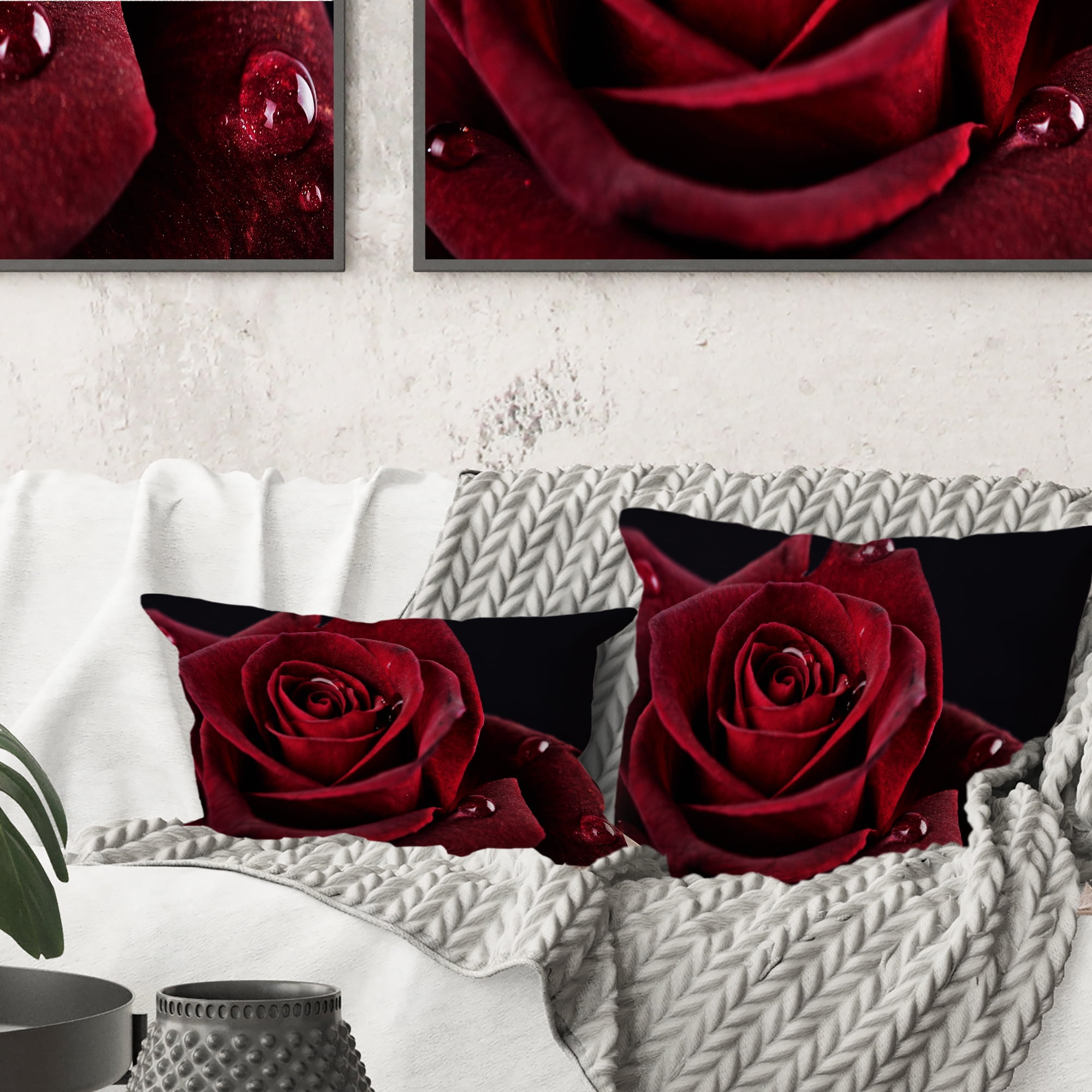 Designart Red Rose with Raindrops on Black - Flowers Throw Pillowwork - 18x18