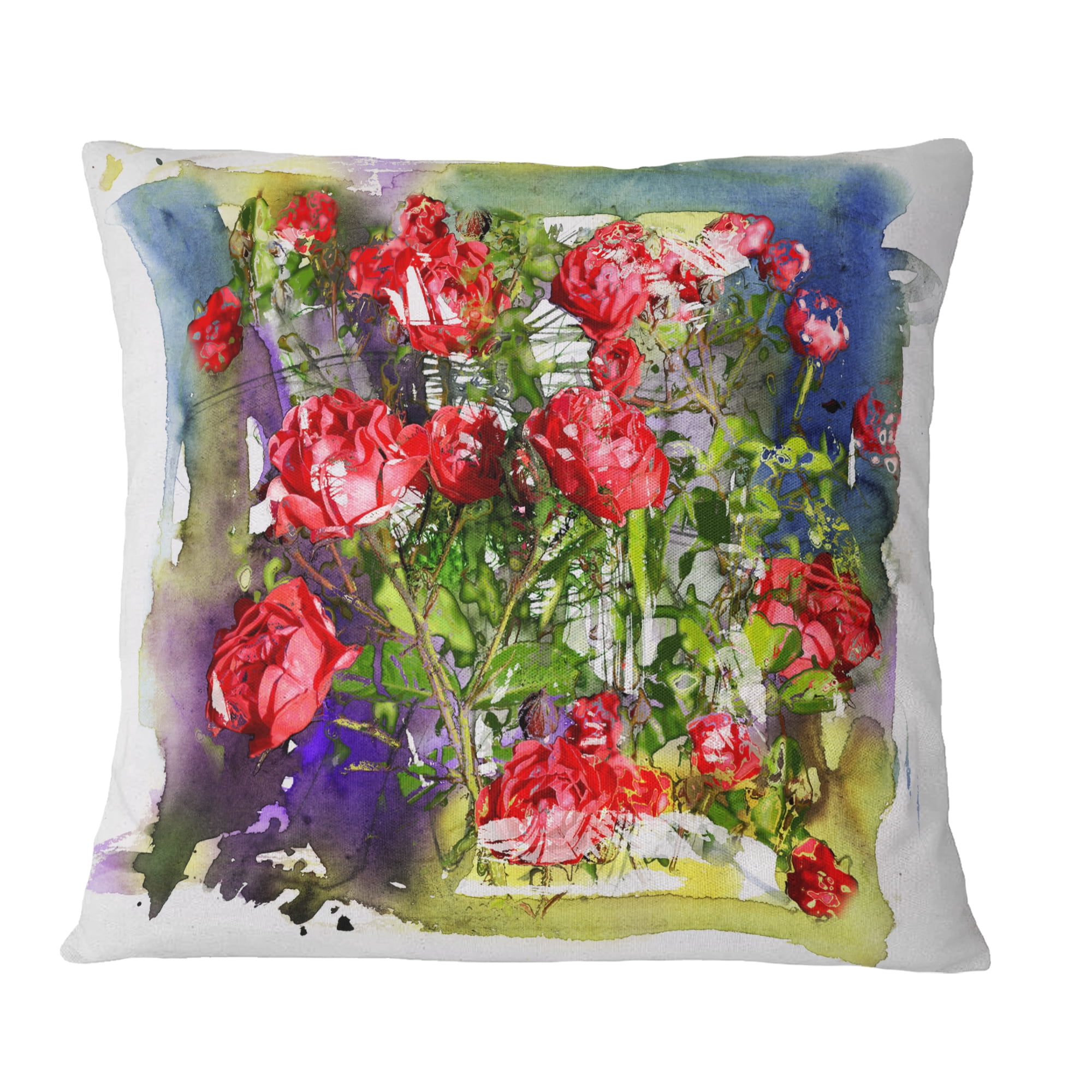Designart Red Roses Bunch Watercolor - Floral Throw Pillow - 16x16