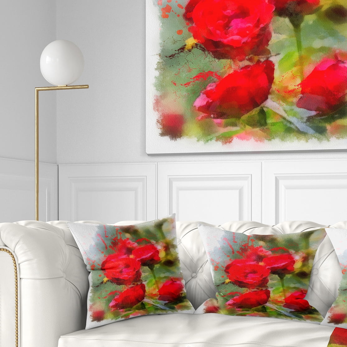Designart Red Roses on Green Watercolor - Flower Throw Pillow - 16x16