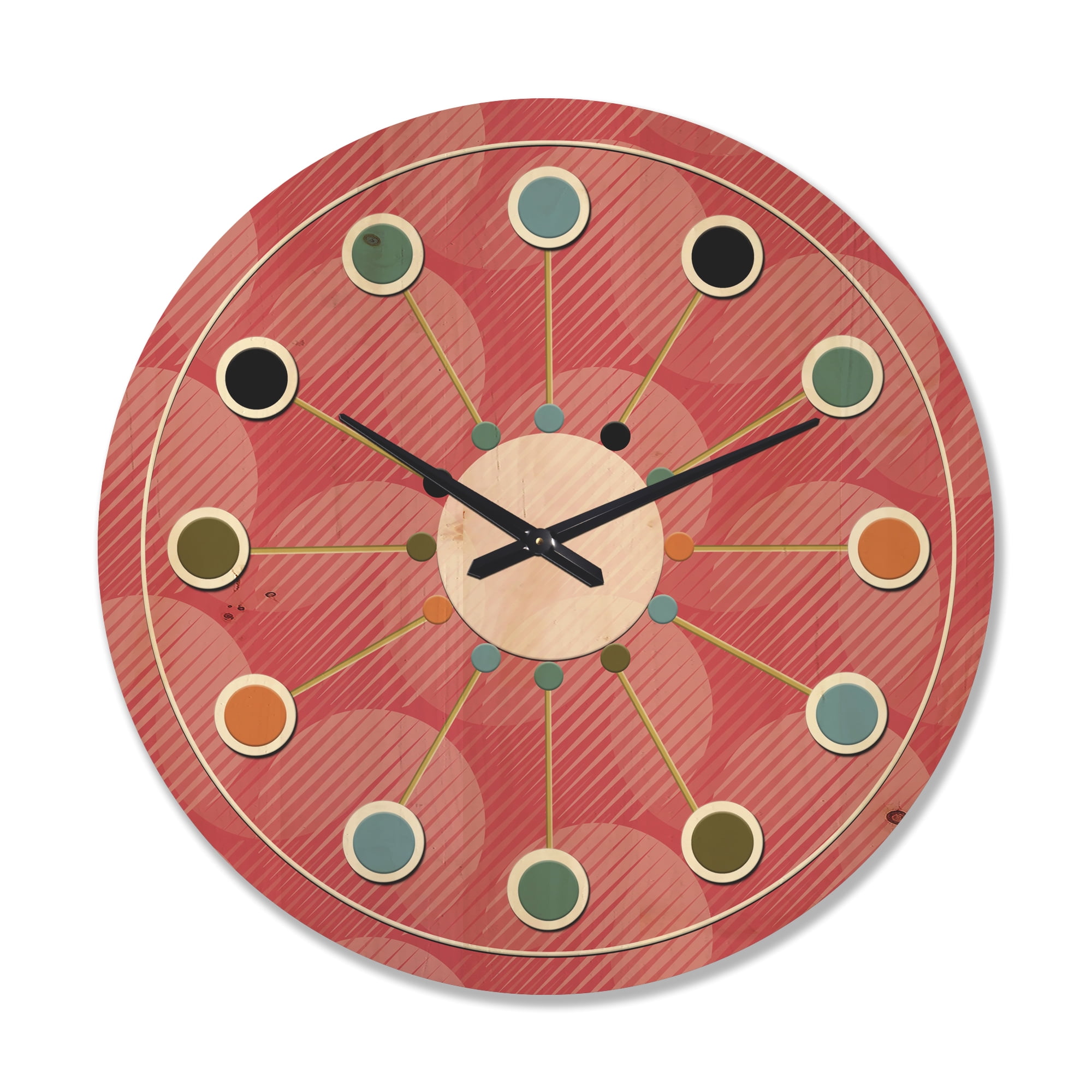 Designart 'Red Round Geometrical ' Mid-Century Modern Wood Wall Clock