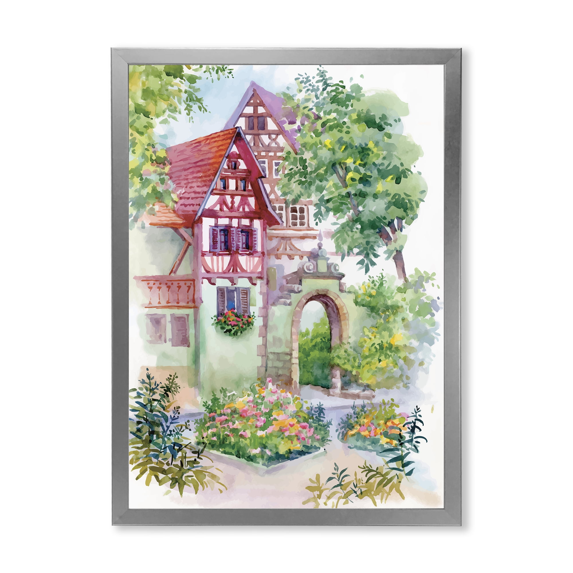 Designart 'Red Rustic House In The Country Side Landscape' Traditional Framed Art Print
