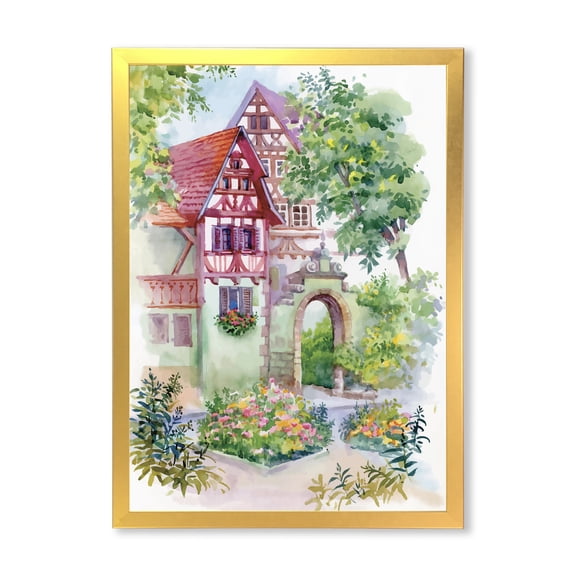 Designart 'Red Rustic House In The Country Side Landscape' Traditional Framed Art Print