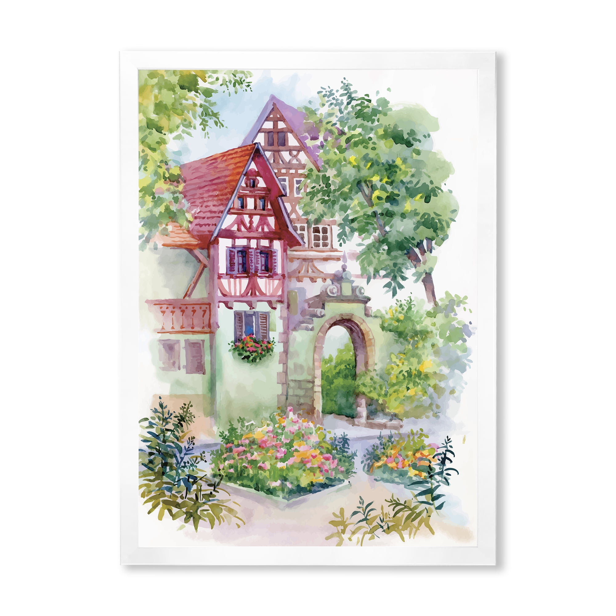 Designart 'Red Rustic House In The Country Side Landscape' Traditional Framed Art Print