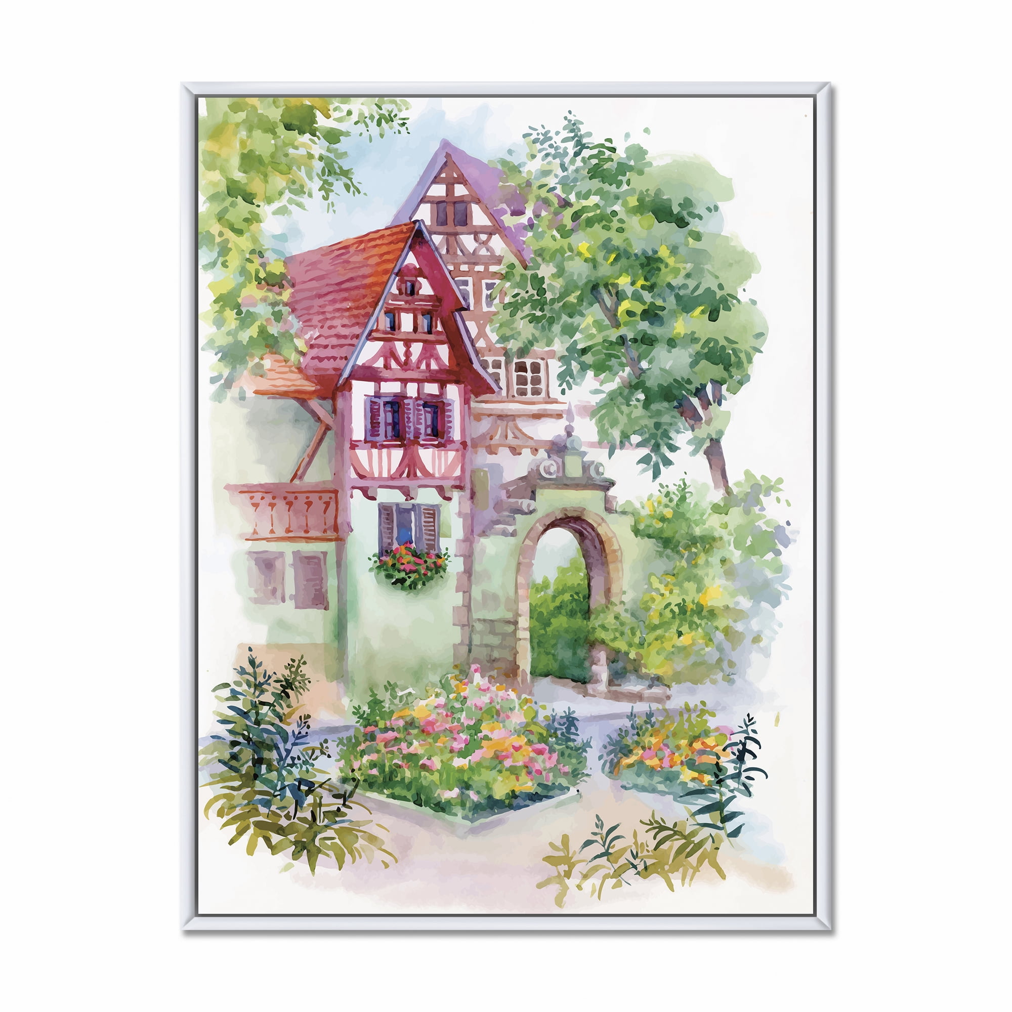 Designart 'Red Rustic House In The Country Side Landscape' Traditional Framed Canvas Wall Art Print