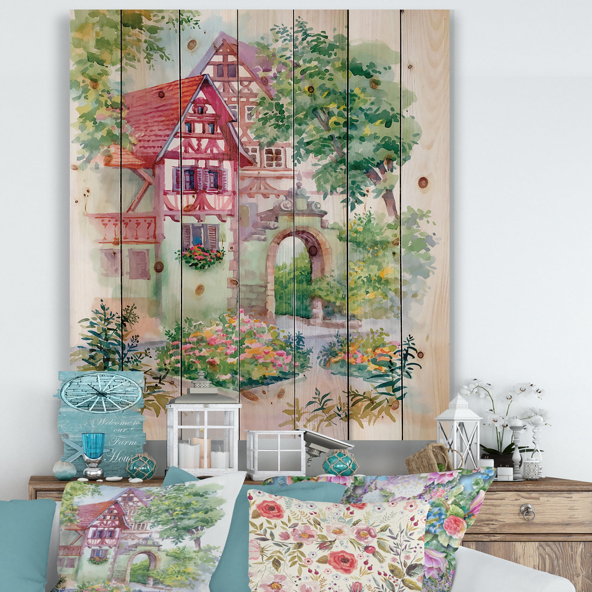 Designart 'Red Rustic House In The Country Side Landscape' Traditional Print on Natural Pine Wood