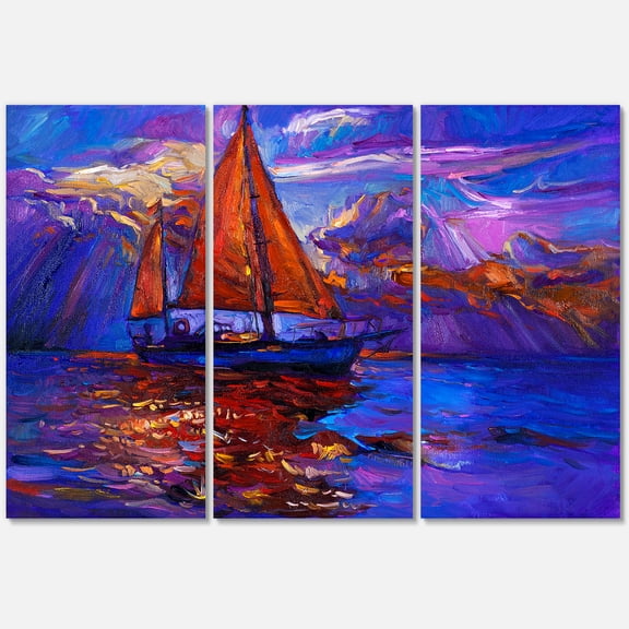 Designart ' Red Sail Ship On Purple Sunset in Blue Ocean ' Nautical & Coastal Canvas Wall Art Print