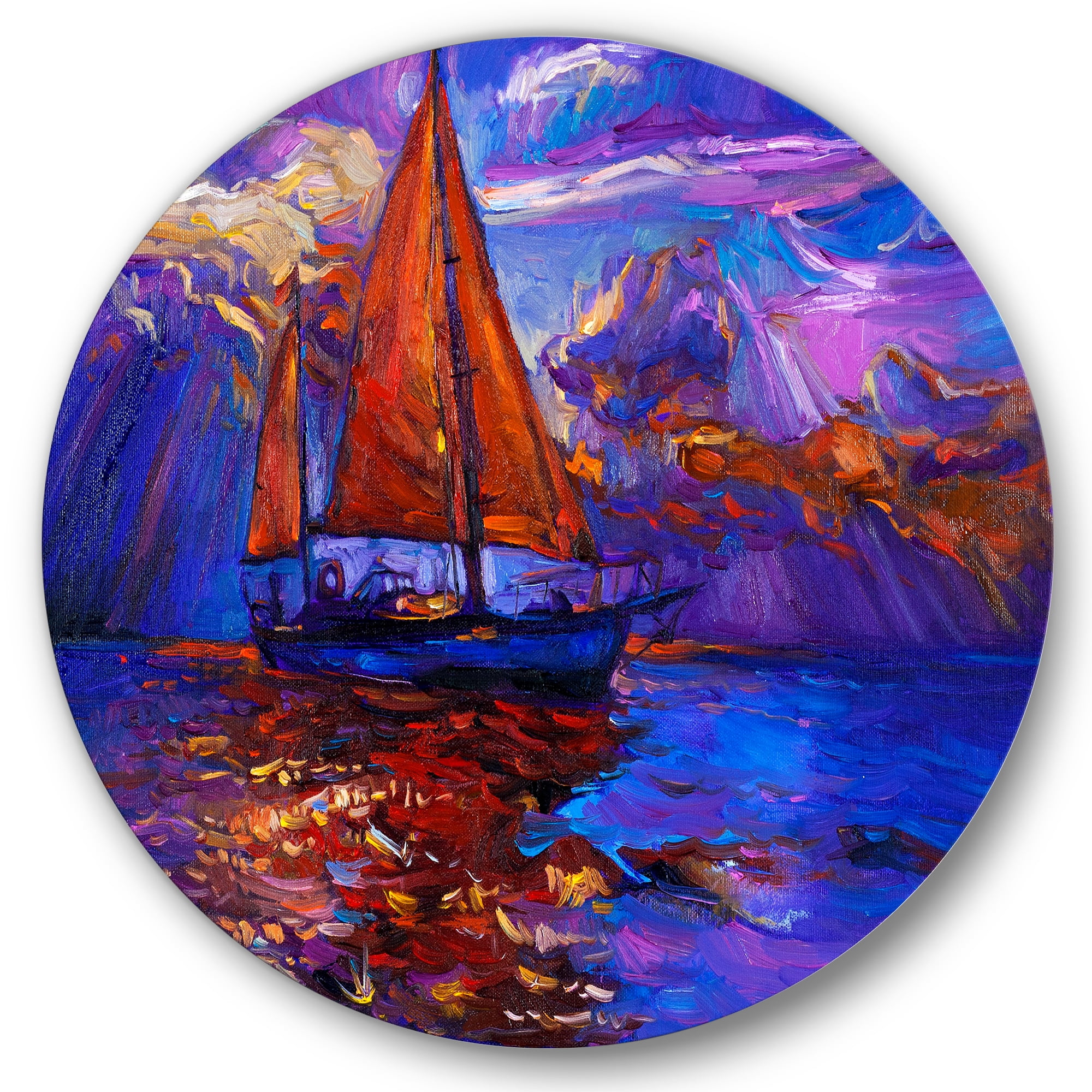 Designart 'Red Sail Ship On Purple Sunset in Blue Ocean' Nautical & Coastal Circle Metal Wall Art 23x23 - Disc of 23