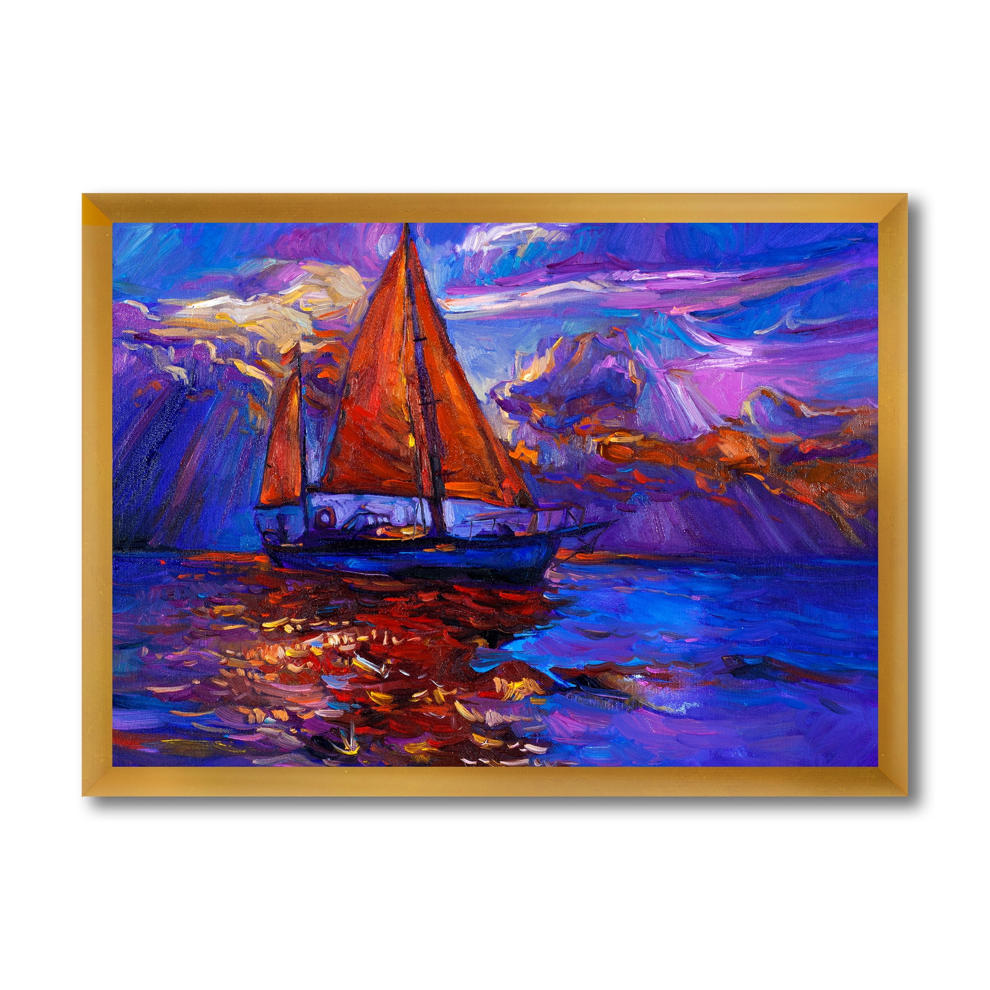 Designart 'Red Sail Ship On Purple Sunset in Blue Ocean' Nautical & Coastal Framed Art Print