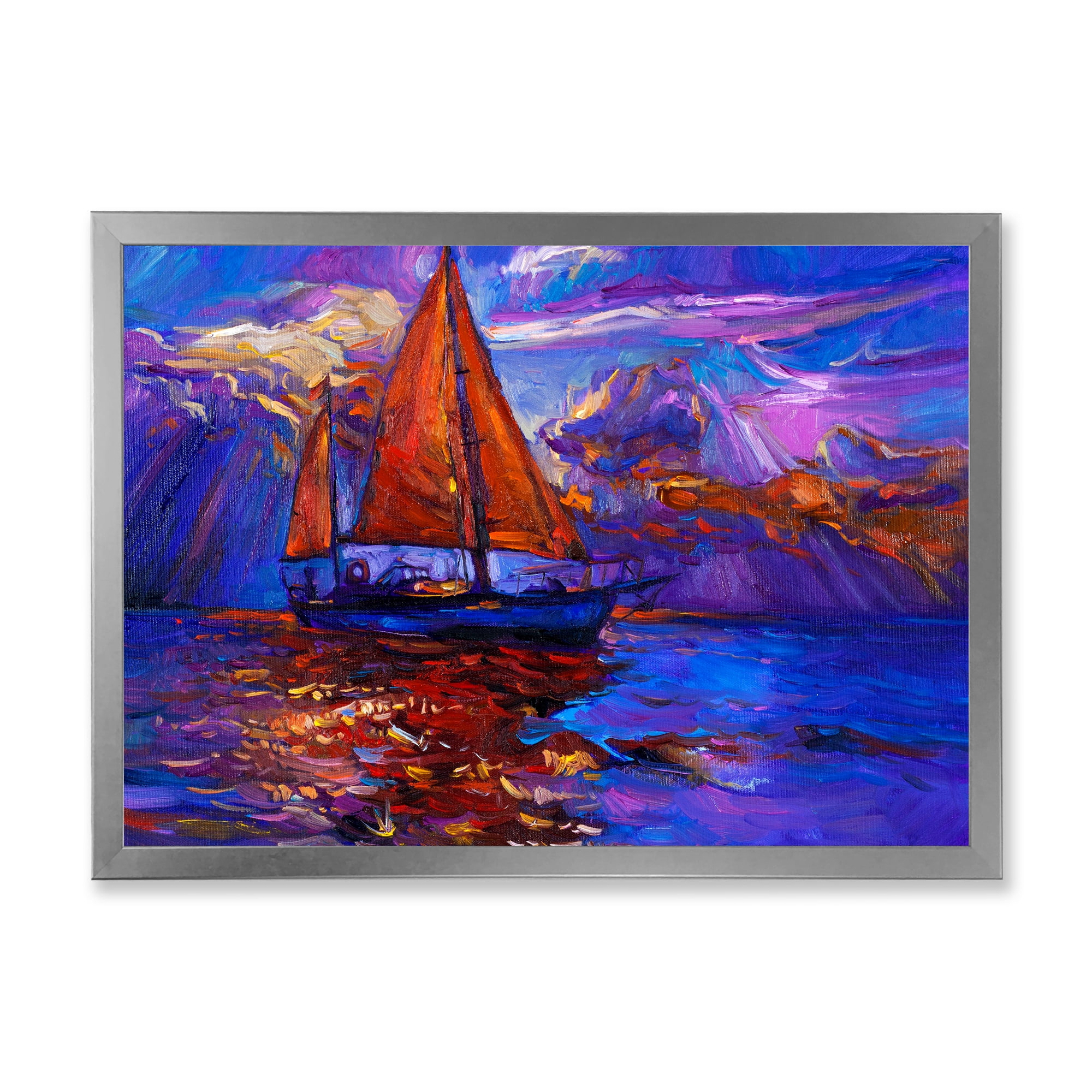 Designart 'Red Sail Ship On Purple Sunset in Blue Ocean' Nautical & Coastal Framed Art Print