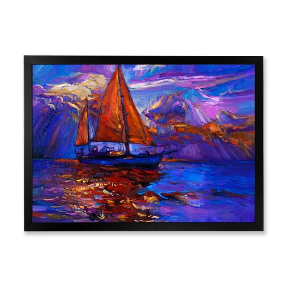 Designart 'Red Sail Ship On Purple Sunset in Blue Ocean' Nautical & Coastal Framed Art Print