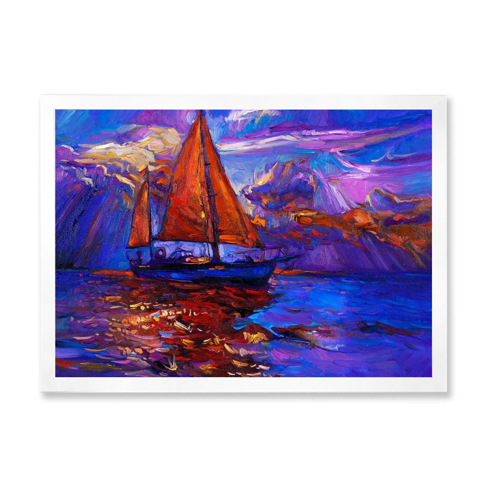 Designart 'Red Sail Ship On Purple Sunset in Blue Ocean' Nautical & Coastal Framed Art Print
