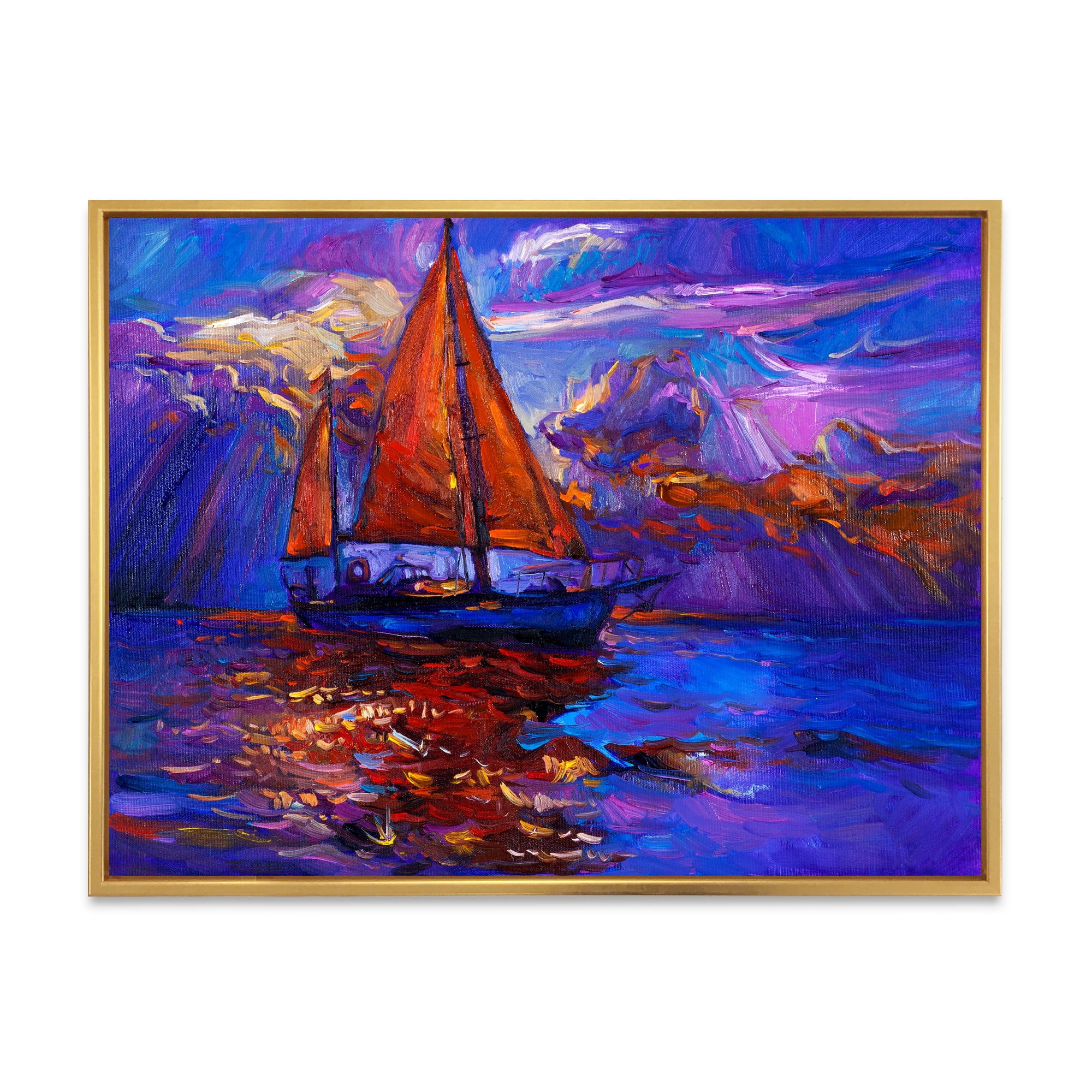 Designart 'Red Sail Ship On Purple Sunset in Blue Ocean' Nautical & Coastal Framed Canvas Wall Art Print