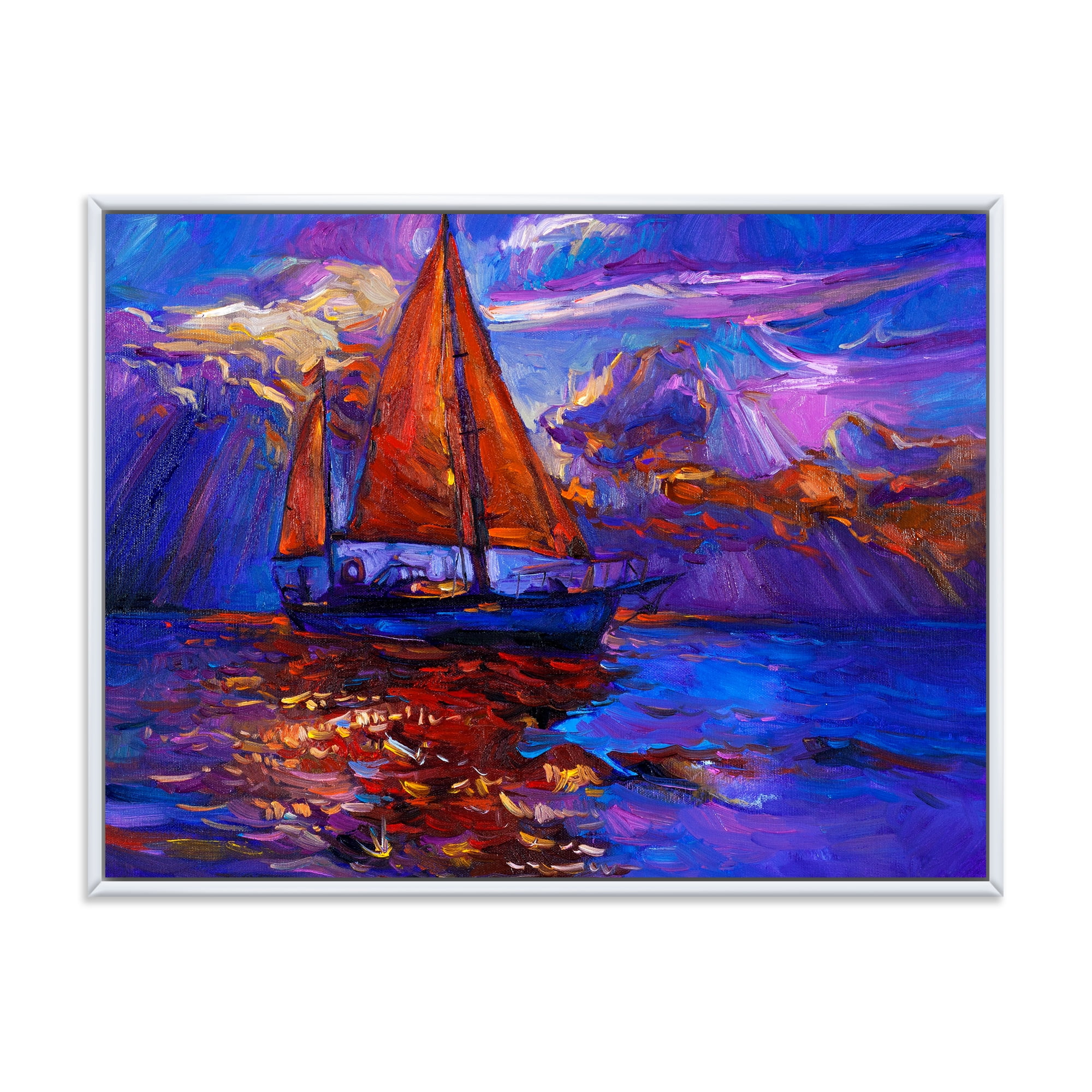 Designart 'Red Sail Ship On Purple Sunset in Blue Ocean' Nautical & Coastal Framed Canvas Wall Art Print